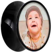 Load image into Gallery viewer, Black Acrylic Custom Photo Saddle Plug - buy 2 for a pair
