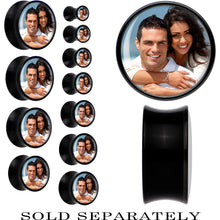 Load image into Gallery viewer, Black Acrylic Custom Photo Saddle Plug - buy 2 for a pair
