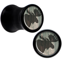 Load image into Gallery viewer, Holiday Rustic Wood Moose Black Acrylic Saddle Plug Set Sizes 5mm to 20mm
