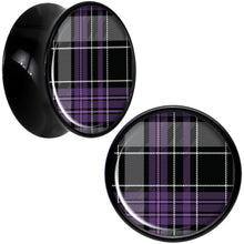 Load image into Gallery viewer, Winter Purple Black Plaid Black Acrylic Saddle Plug Set Sizes 5mm to 20mm

