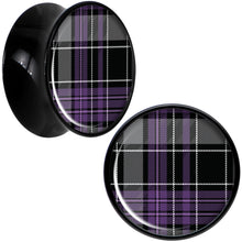 Load image into Gallery viewer, Winter Purple Black Plaid Black Acrylic Saddle Plug Set Sizes 5mm to 20mm
