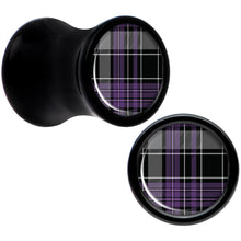 Load image into Gallery viewer, Winter Purple Black Plaid Black Acrylic Saddle Plug Set Sizes 5mm to 20mm
