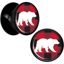 Load image into Gallery viewer, Red Black Plaid Polar Bear Black Acrylic Saddle Plug Set Sizes 5mm to 20mm
