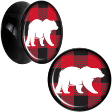 Load image into Gallery viewer, Red Black Plaid Polar Bear Black Acrylic Saddle Plug Set Sizes 5mm to 20mm
