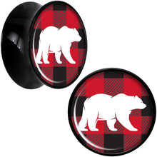 Load image into Gallery viewer, Red Black Plaid Polar Bear Black Acrylic Saddle Plug Set Sizes 5mm to 20mm
