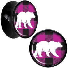 Load image into Gallery viewer, Pink Black Plaid Polar Bear Black Acrylic Saddle Plug Set Sizes 5mm to 20mm
