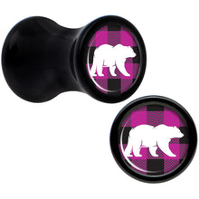 Load image into Gallery viewer, Pink Black Plaid Polar Bear Black Acrylic Saddle Plug Set Sizes 5mm to 20mm
