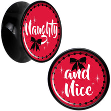 Load image into Gallery viewer, Red Holiday Naughty and Nice Black Acrylic Saddle Plug Set Sizes 6mm to 20mm
