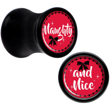 Load image into Gallery viewer, Red Holiday Naughty and Nice Black Acrylic Saddle Plug Set Sizes 6mm to 20mm
