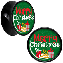 Load image into Gallery viewer, Merry Christmas Presents Black Acrylic Saddle Plug Set Sizes 8mm to 20mm
