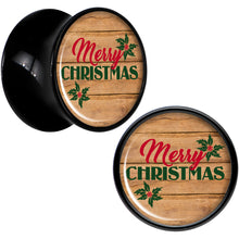 Load image into Gallery viewer, Rustic Wood Merry Christmas Black Acrylic Saddle Plug Set Sizes 8mm to 20mm
