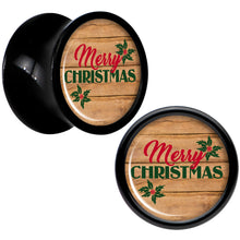 Load image into Gallery viewer, Rustic Wood Merry Christmas Black Acrylic Saddle Plug Set Sizes 8mm to 20mm
