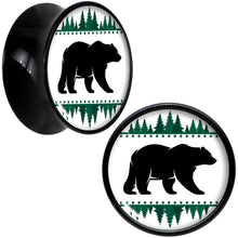 Load image into Gallery viewer, Winter Polar Bear in Woods Black Acrylic Saddle Plug Set Sizes 5mm to 20mm
