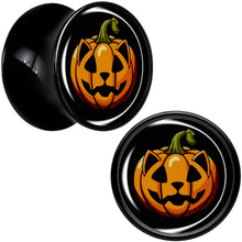 Load image into Gallery viewer, Orange Pumpkin Cat Jack-O-Lantern Black Acrylic Saddle Plug Set by Onyx O
