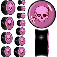 Load image into Gallery viewer, Valentine Cupid Skull Black Acrylic Saddle Plug Set by Onyx O
