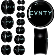 Load image into Gallery viewer, 0G Phrase Logo CVNTY Black Acrylic Saddle Plug Set by Onyx O
