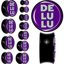 Load image into Gallery viewer, Word DELULU Black Acrylic Saddle Plug Set by Onyx O
