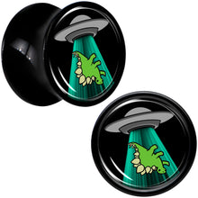 Load image into Gallery viewer, Black Acrylic Alien UFO Dinosaur Abduction Double Flare Plug Set by Onyx O
