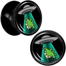 Load image into Gallery viewer, Black Acrylic Alien UFO Dinosaur Abduction Double Flare Plug Set by Onyx O
