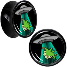 Load image into Gallery viewer, Black Acrylic Alien UFO Dinosaur Abduction Double Flare Plug Set by Onyx O
