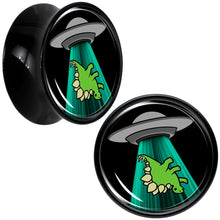 Load image into Gallery viewer, Black Acrylic Alien UFO Dinosaur Abduction Double Flare Plug Set by Onyx O
