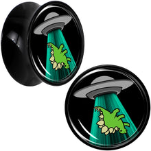 Load image into Gallery viewer, Black Acrylic Alien UFO Dinosaur Abduction Double Flare Plug Set by Onyx O
