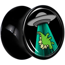 Load image into Gallery viewer, Black Acrylic Alien UFO Dinosaur Abduction Double Flare Plug Set by Onyx O
