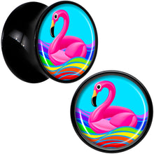 Load image into Gallery viewer, Black Acrylic Rainbow Sea Floating Flamingo Double Flare Plug Set by Onyx O
