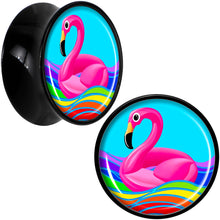 Load image into Gallery viewer, Black Acrylic Rainbow Sea Floating Flamingo Double Flare Plug Set by Onyx O
