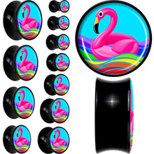 Load image into Gallery viewer, Black Acrylic Rainbow Sea Floating Flamingo Double Flare Plug Set by Onyx O

