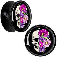 Load image into Gallery viewer, Floral Flowers Skull Black Acrylic Saddle Plug Set 8mm to 20mm by Onyx O
