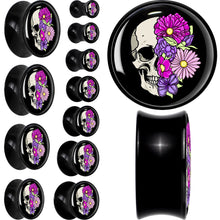 Load image into Gallery viewer, Floral Flowers Skull Black Acrylic Saddle Plug Set 8mm to 20mm by Onyx O
