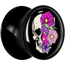 Load image into Gallery viewer, Floral Flowers Skull Black Acrylic Saddle Plug Set 8mm to 20mm by Onyx O
