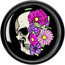 Load image into Gallery viewer, Floral Flowers Skull Black Acrylic Saddle Plug Set 8mm to 20mm by Onyx O
