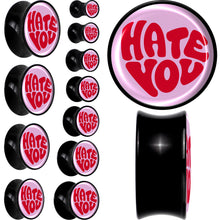 Load image into Gallery viewer, Retro Text Hate You Black Acrylic Saddle Plug Set by Onyx O
