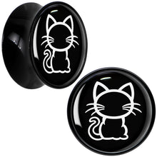 Load image into Gallery viewer, Black and White Kitty Cat Black Acrylic Saddle Plug Set 8mm to 20mm by Onyx O
