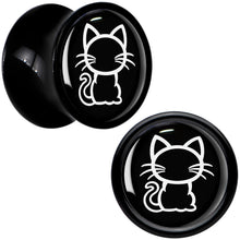 Load image into Gallery viewer, Black and White Kitty Cat Black Acrylic Saddle Plug Set 8mm to 20mm by Onyx O
