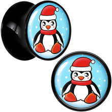 Load image into Gallery viewer, Black Acrylic Snowfall Holiday Penguin Double Flare Plug Set by Onyx O

