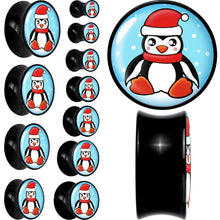 Load image into Gallery viewer, Black Acrylic Snowfall Holiday Penguin Double Flare Plug Set by Onyx O
