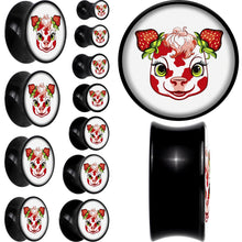 Load image into Gallery viewer, Stawberry Cow Black Acrylic Saddle Plug Set 8mm to 20mm by Onyx O
