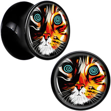 Load image into Gallery viewer, Colorful Trippy Cat Black Acrylic Saddle Plug Set 8mm to 20mm by Onyx O
