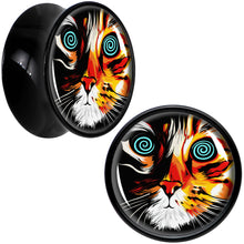 Load image into Gallery viewer, Colorful Trippy Cat Black Acrylic Saddle Plug Set 8mm to 20mm by Onyx O
