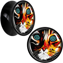 Load image into Gallery viewer, Colorful Trippy Cat Black Acrylic Saddle Plug Set 8mm to 20mm by Onyx O
