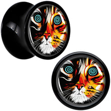 Load image into Gallery viewer, Colorful Trippy Cat Black Acrylic Saddle Plug Set 8mm to 20mm by Onyx O
