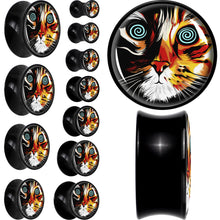 Load image into Gallery viewer, Colorful Trippy Cat Black Acrylic Saddle Plug Set 8mm to 20mm by Onyx O
