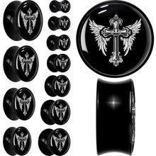 Load image into Gallery viewer, 0G Black White Winged Cross Black Acrylic Saddle Plug Set by Onyx O
