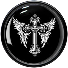 Load image into Gallery viewer, 0G Black White Winged Cross Black Acrylic Saddle Plug Set by Onyx O

