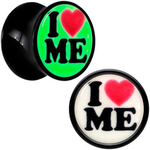 Load image into Gallery viewer, Black Acrylic I Love Me Glow in the Dark Double Flare Plug Set by Onyx O
