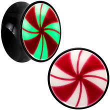 Load image into Gallery viewer, Black Acrylic Peppermint Candy Glow in Dark Double Flare Plug Set by Onyx O
