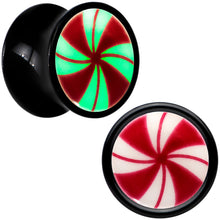 Load image into Gallery viewer, Black Acrylic Peppermint Candy Glow in Dark Double Flare Plug Set by Onyx O
